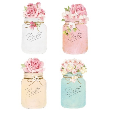 Quatro frascos de vidro coloridos com flores e laços decorativos