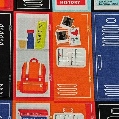 Padrão de tecido com cacifos coloridos e ilustrações escolares