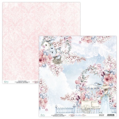 Papel decorativo duplo com padrões florais, natureza e personagem feminina em tons pastel