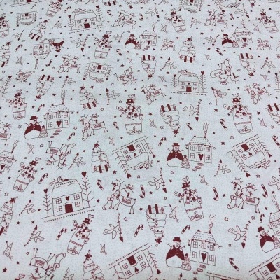 Tecido branco com padrão de desenhos natalícios castanhos