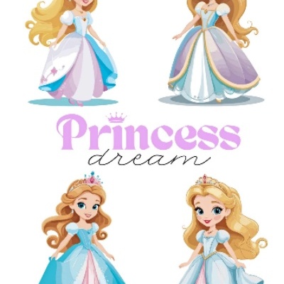 Quatro bonecas princesas animadas com vestidos coloridos e texto 'Princess dream' ao centro