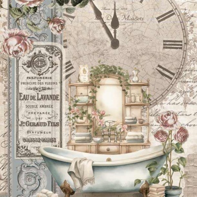 Imagem decorativa vintage com banheira, flores e relógio