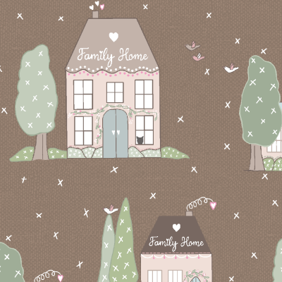Padrão repetido de casas e árvores com texto Family Home num fundo castanho