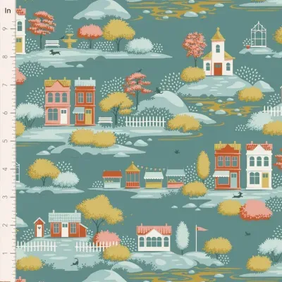Padrão ilustrado com casas e árvores em tecido ou papel decorativo