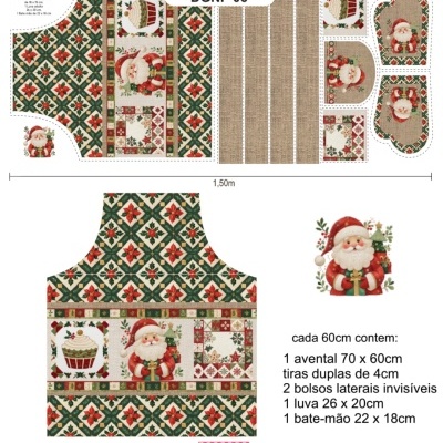 Conjunto têxtil de Natal com avental, luva, e bate-mão decorados com Pai Natal e padrões festivos.