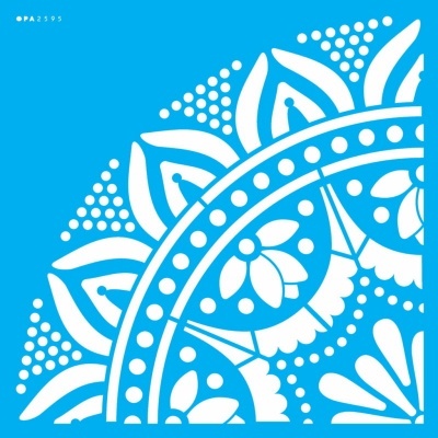 Padrão decorativo circular branco em fundo azul com formas florais e código PA2595