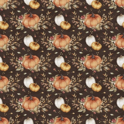 Padrão de abóboras e folhas outonais em tecido castanho escuro