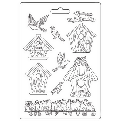 Desenho para colorir de casas de pássaros e vários pássaros em preto e branco.