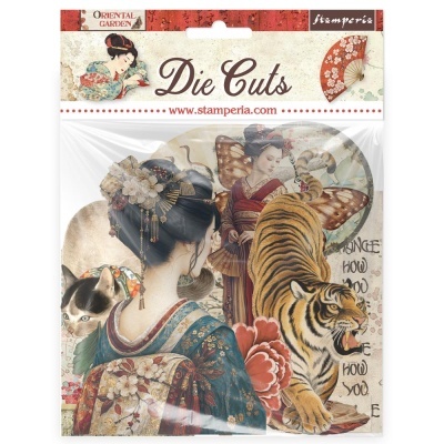 Pacote de Die Cuts com mulher japonesa, tigre, gata e flores em estilo oriental