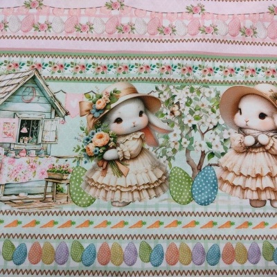 Tecido com coelhas, casinha azul, ovos de páscoa e padrões florais coloridos