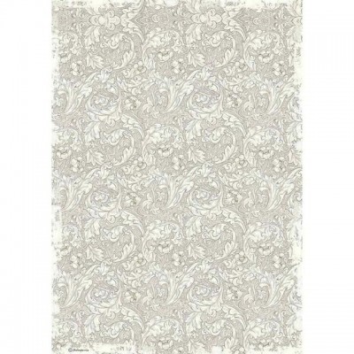 Papel decorativo com padrão floral cinza e bege