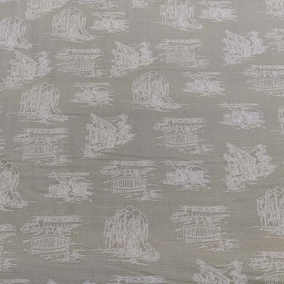 tecido cinzento com padrão branco de barcos, árvores e lagoas