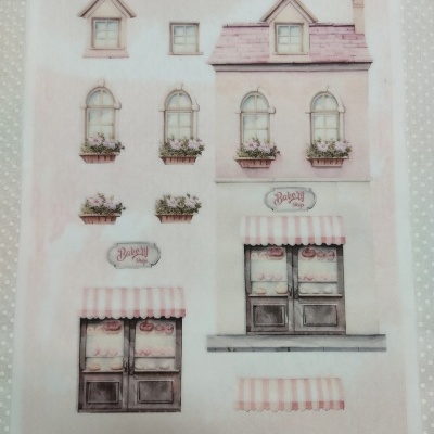 Papel para découpage com imagens de uma pastelaria em tons rosa e bege