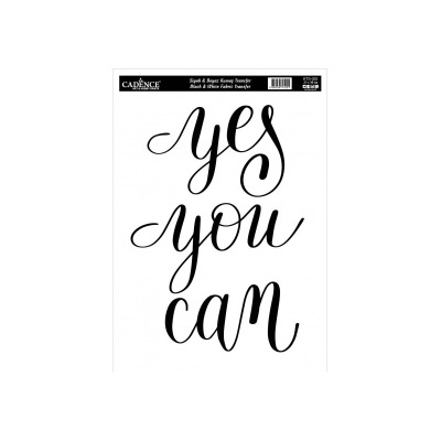 Etiqueta tecido preta e branca com texto 'yes you can' em letras cursivas