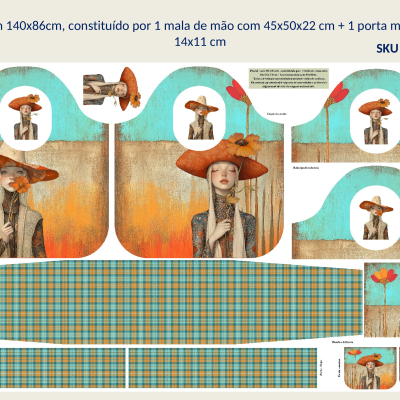Painel têxtil com mala de mão e porta moedas, padrão xadrez e ilustração de mulher de chapéu