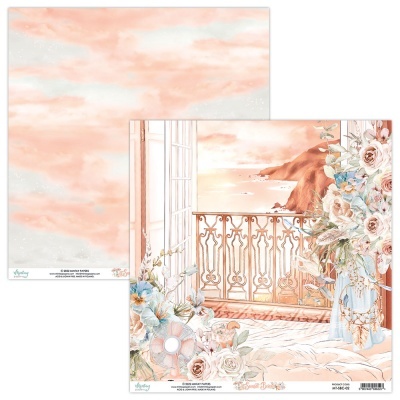 Papel decorativo varanda marítima com flores e pôr do sol