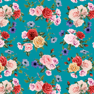 Padrão floral colorido com rosas e pequenas flores num fundo azul esverdeado