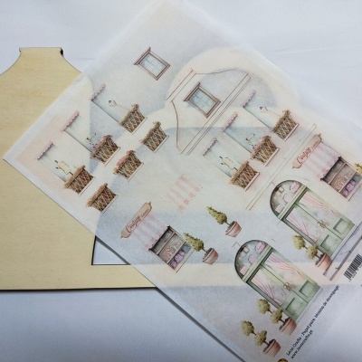 Suporte de madeira e folha translúcida com ilustrações de fachadas de lojas