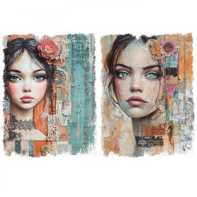 Duas pinturas artísticas femininas com flores no cabelo e fundo colorido