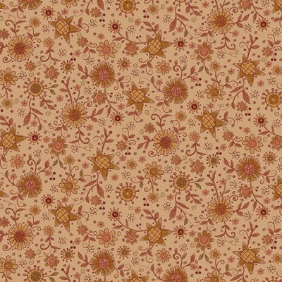 Tecido bege com padrão floral castanho, amarelo e vermelho