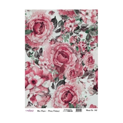 Papel de arroz decorativo com padrão floral rosa e texto impresso na parte inferior