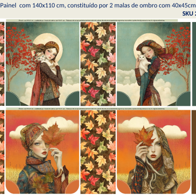 painel de malas de ombro com estampas de mulheres e folhas coloridas