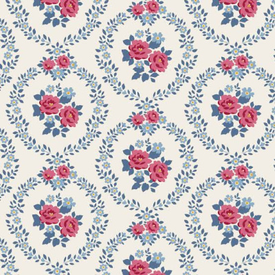 Padrão floral em fundo creme com ramos circulares azuis e flores vermelhas e azuis