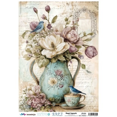 Ilustração vintage de jarra e chávena com flores e pássaros em papel japonês decorativo