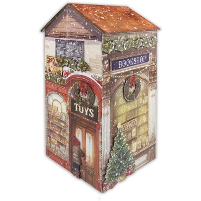 Embalagem decorativa de presente com ilustração de livraria e tema de Natal