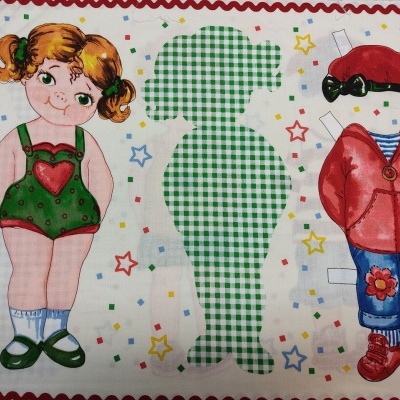 Boneca de papel com roupa destacável colorida e fundo com estrelas.