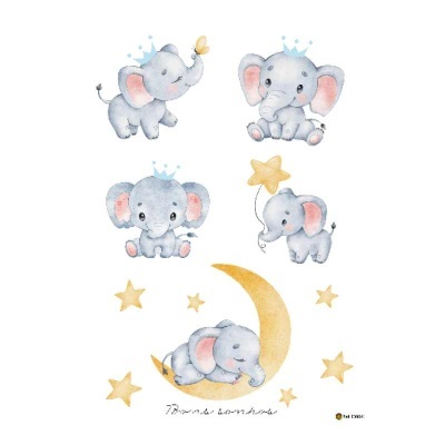 Desenho aquarela elefantes cinza com estrelas e lua amarela e texto