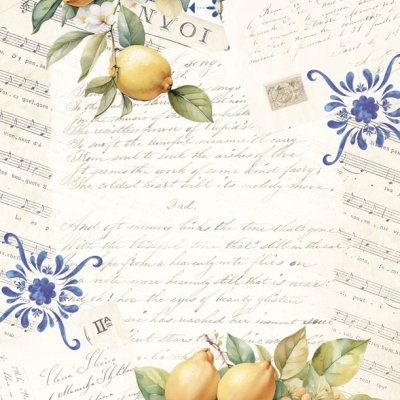 Papel de parede com padrão de limões, azulejos azuis e textos manuscritos