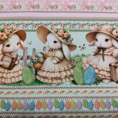 Tecido decorativo com coelhos vestidos e ovos coloridos