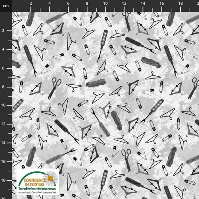 Tecido cinzento com ilustrações negras de ferramentas de costura