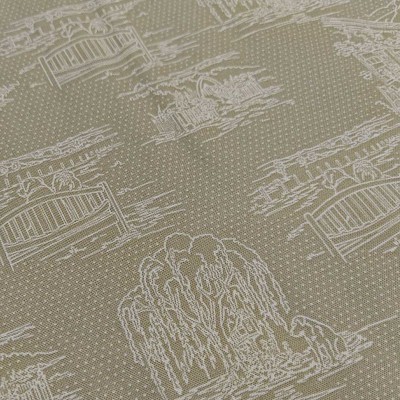 Tecido bege com padrão branco de pontes, barcos e árvores