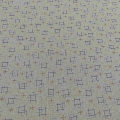 Tecido bege claro com padrão de quadrados cinza e pontos cor de pêssego