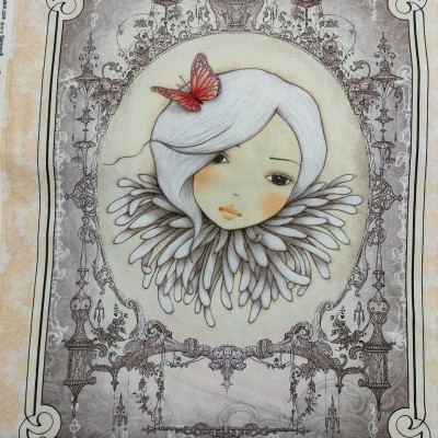 Poster ilustrativo com rapariga de cabelos brancos e borboleta vermelha