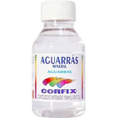 frasco de aguarrás mineral CORFIX com rótulo colorido