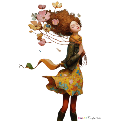 Ilustração de menina com vestido amarelo floral e cachecol a segurar flores