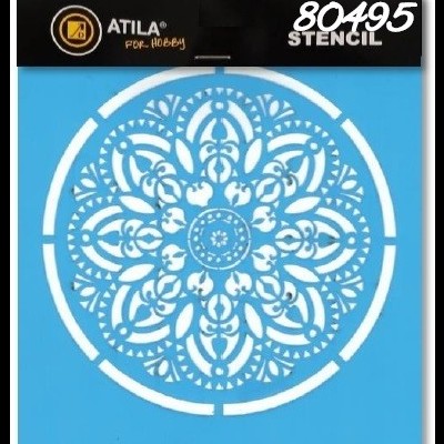 Stencil redondo azul com padrão decorativo branco e embalagem preta com texto