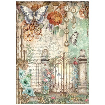 Imagem decorativa com portão, flores, borboletas, relógios e engrenagens