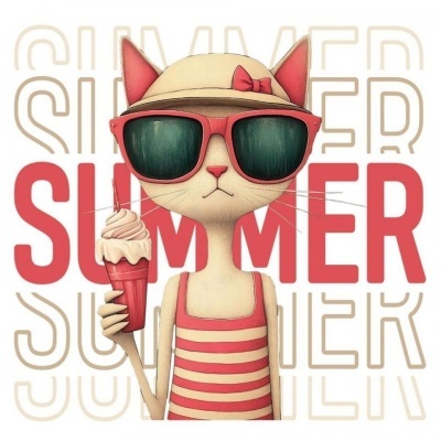 Gato ilustrado com óculos de sol vermelhos, chapéu e vestido às riscas, segurando gelado, texto SUMMER ao fundo