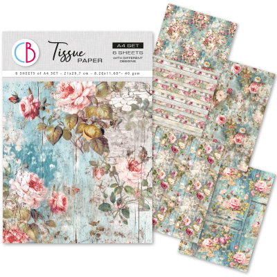Pacote de papel de seda com 6 folhas A4 com designs florais e textura de madeira envelhecida