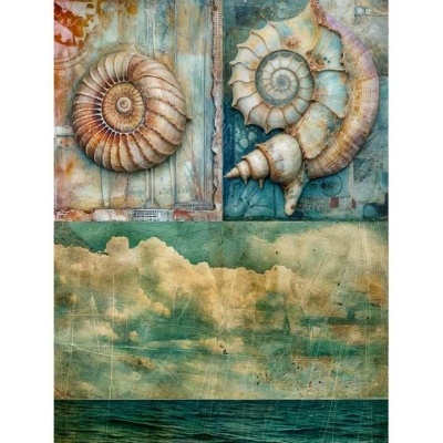 quadro artístico com conchas marinhas e mar nublado