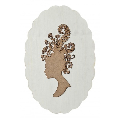 Placa decorativa branca com recorte em MDF castanho em formato de perfil feminino com cabelo em forma de plantas