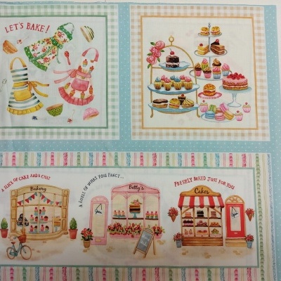 tecido decorativo com desenhos de pastelaria e texto em inglês, incluindo 'LET'S BAKE!'