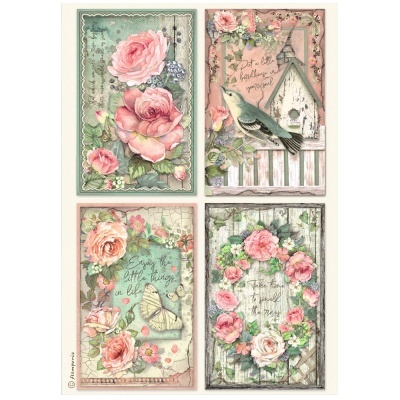 Conjunto de quatro quadros decorativos com flores cor-de-rosa, texto em inglês e fundo vintage