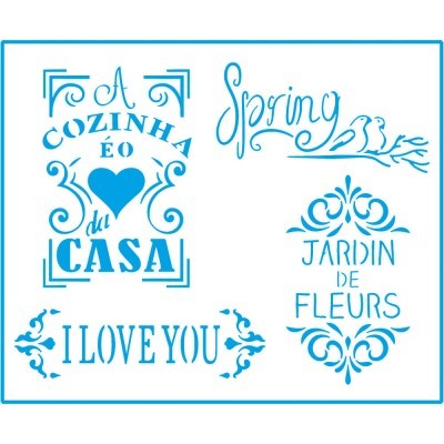 Textos decorativos azuis em fundo branco: A COZINHA É O CORAÇÃO DA CASA, Spring, JARDIN DE FLEURS, I LOVE YOU