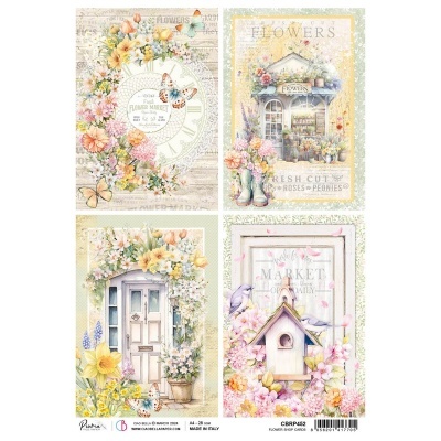 Quatro postais decorativos com flores, relógio, porta e casinha de pássaro com texto em inglês.