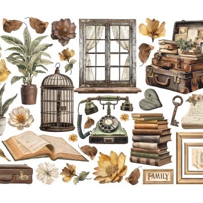 Ilustrações vintage com plantas, gaiola, telefone antigo, livros e malas sobre fundo branco